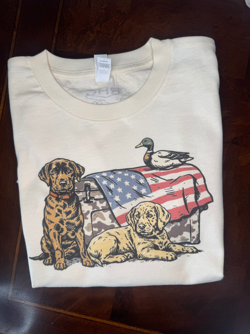 shirt with 2 labradors and a duck decoy