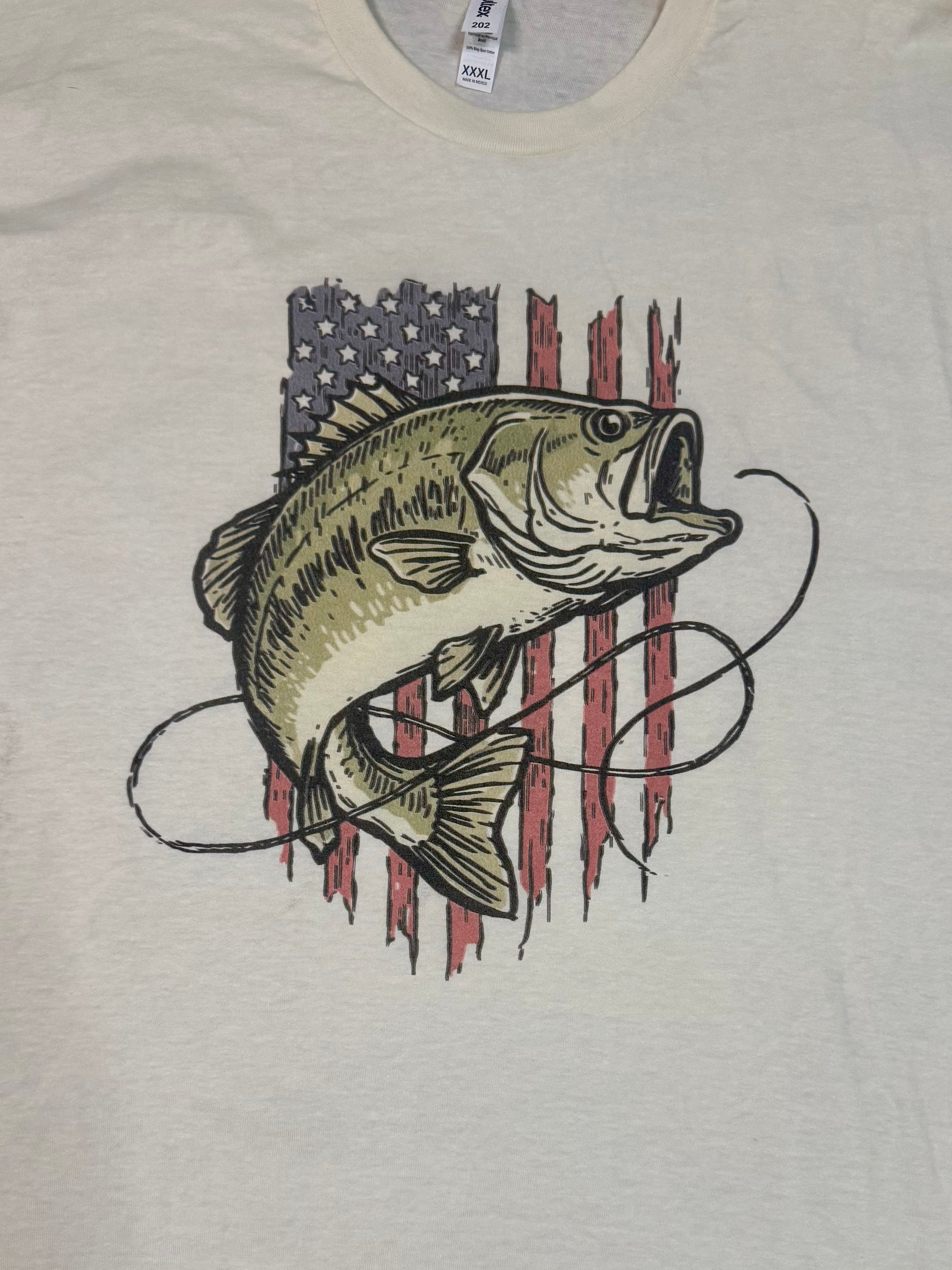 Largemouth Bass Over American Flag Adult Tshirt