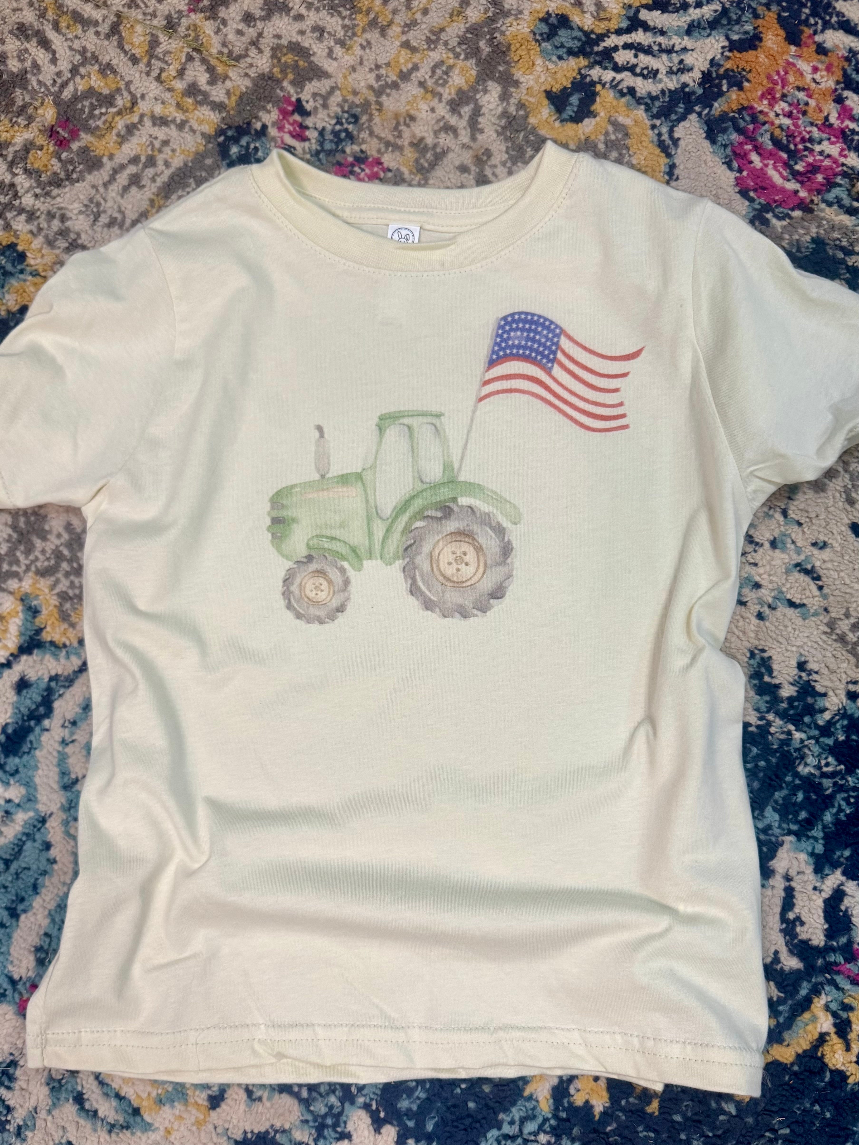 Watercolor Style Green Tractor With American Flag Children’s Tshirt