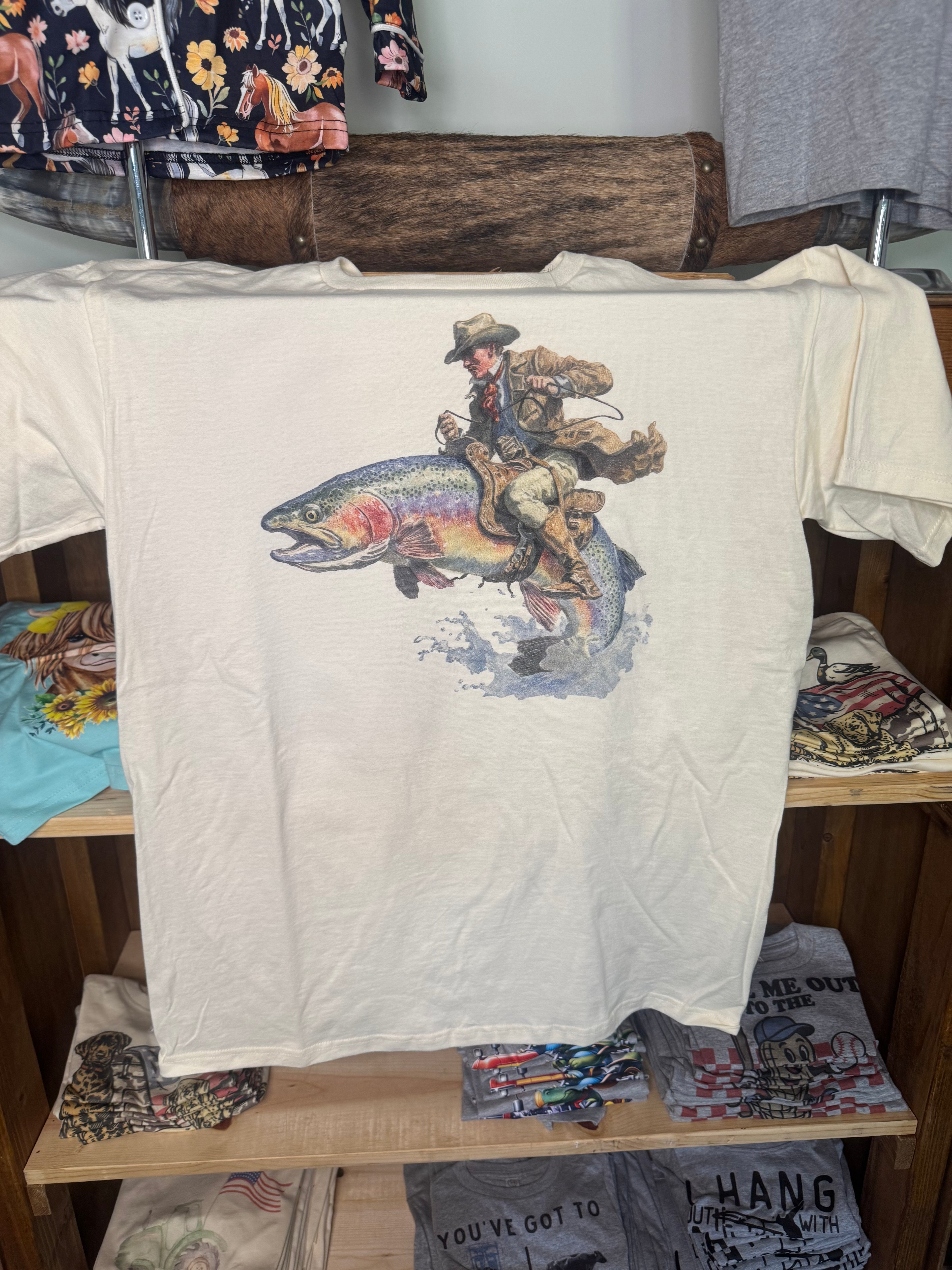 Cowboy Riding Trout Adult Tshirt