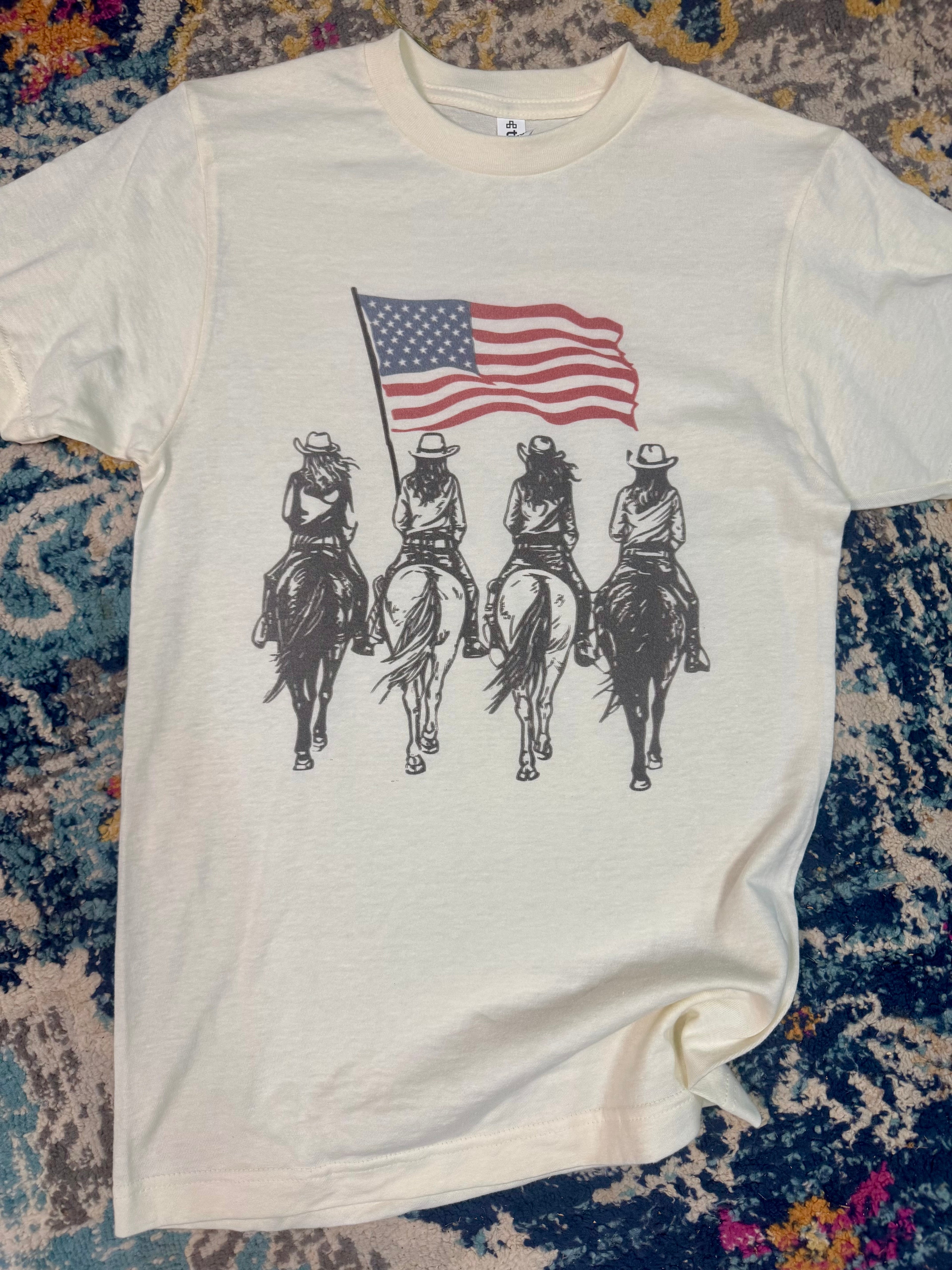 4 Cowgirls Riding Away With American Flag Adult Tshirt